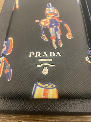 Prada Robot Black Saffiano Leather Embossed Gold Logo iPhone Case