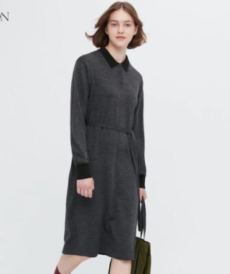 Uniqlo Women merino blend polo Long sleeve dress JW Anderson dark gray  large L | eBay