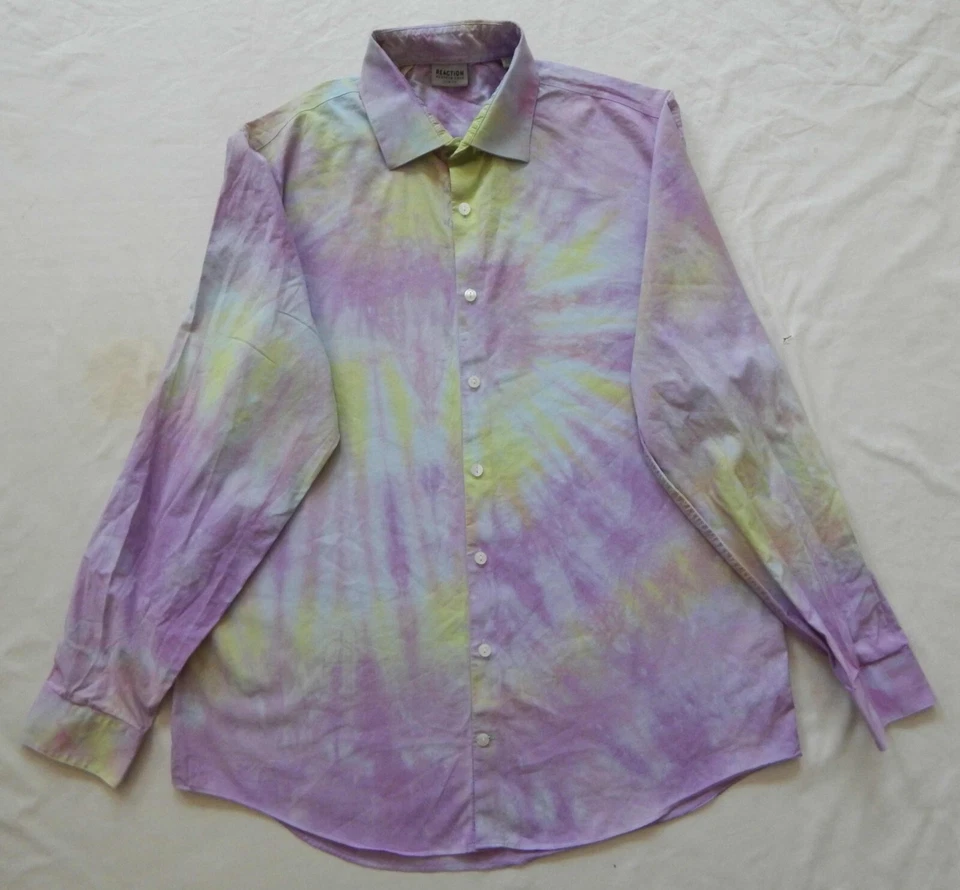 Tie Dye Purple Green Long Sleeve Button Up Shirt - Large Slim Fit Mens Hand Made - Image 3 of 4