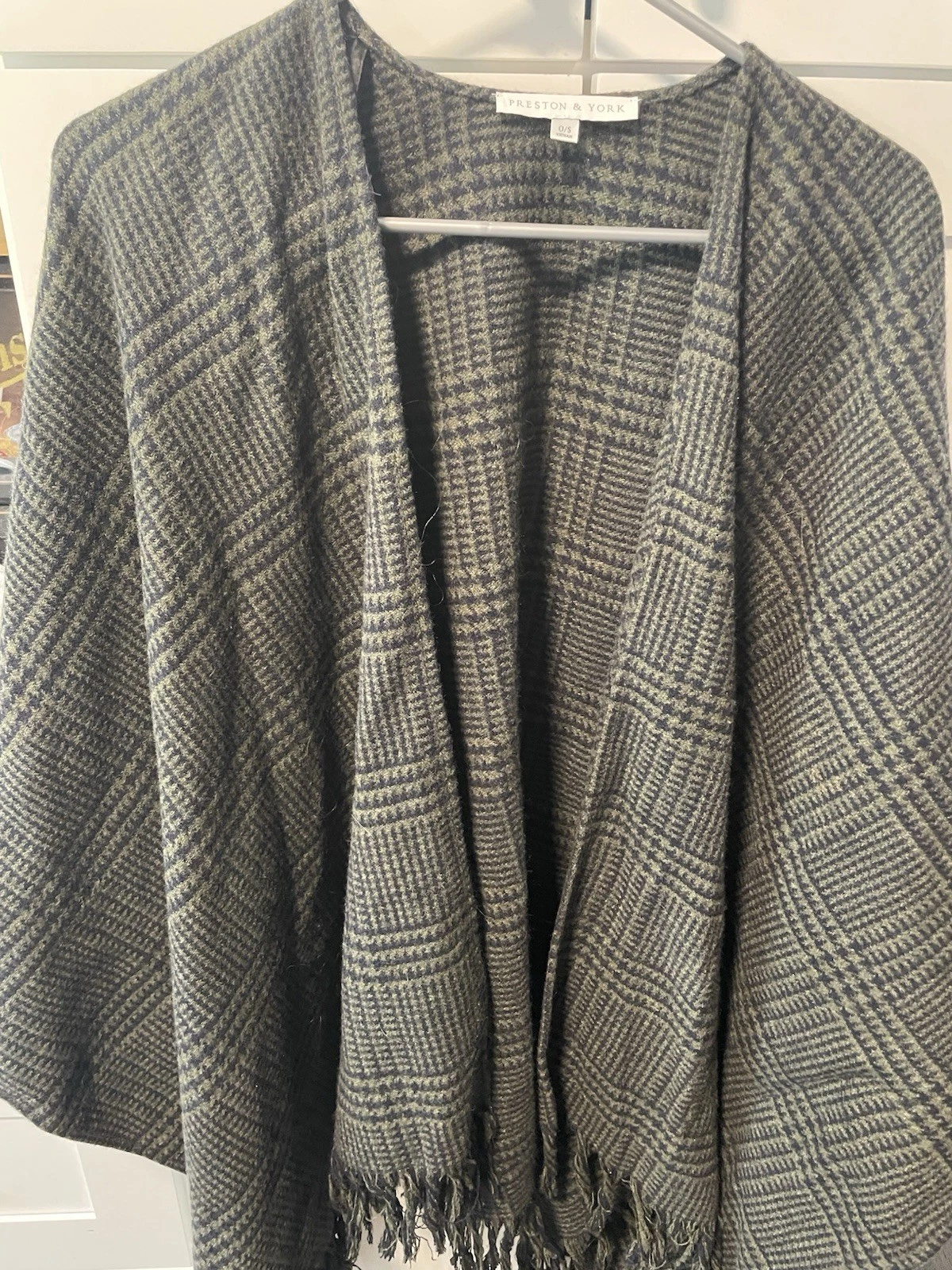 Preston & York Wool Blend Poncho Green/Blue plaid. One Size