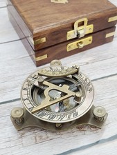 Vintage Brass Sundial Compass with Wooden Box: Nautical Maritime Decor