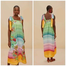 FARM Rio Aura Floral Embroidered Tunic Maxi Dress Rainbow Multicolor Large Linen