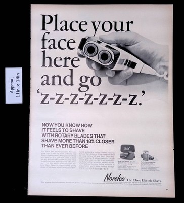 1965 Norelco Close Electric Shave Place Your Face Here & Go zzzzz Print Ad 56473