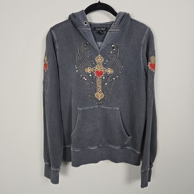 VTG Lucky Brand Womens Y2K Embroidered Hoodie Medium Grey Studded Grunge Biker
