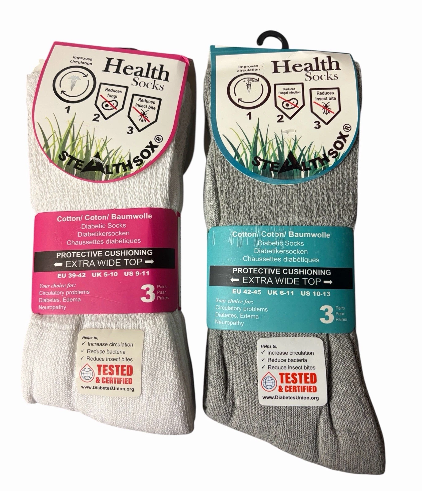Stealth Health Diabetic Extra Wide Top Cotton Socks Gray White 6 Pair 9-11 New