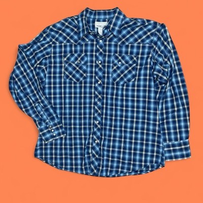 Vintage XL Men Pearl Snap Button Up Long Sleeve Shirt Wrangler Blue Plaid Wester