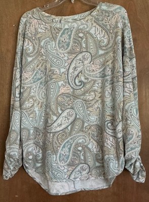 Cupio Pastel Paisley Jersey Knit Top Long Sleeve Ruching/Gathering Crew Neck XL