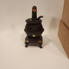 Vintage Miniature Cast Iron Potbelly Stove Hand Painted Floral 5.5" With Box