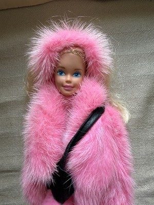 Vintage Barbie Bricker-Tunis Fur Genuine Mink PINK Coat w/Doll & NEWS ARTICLE