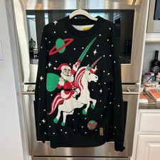 Tipsy Elves Black Sweater with Santa Riding Unicorn L GUC