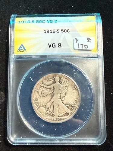 1916 S WALKING LIBERTY HALF DOLLAR ANACS VG 8