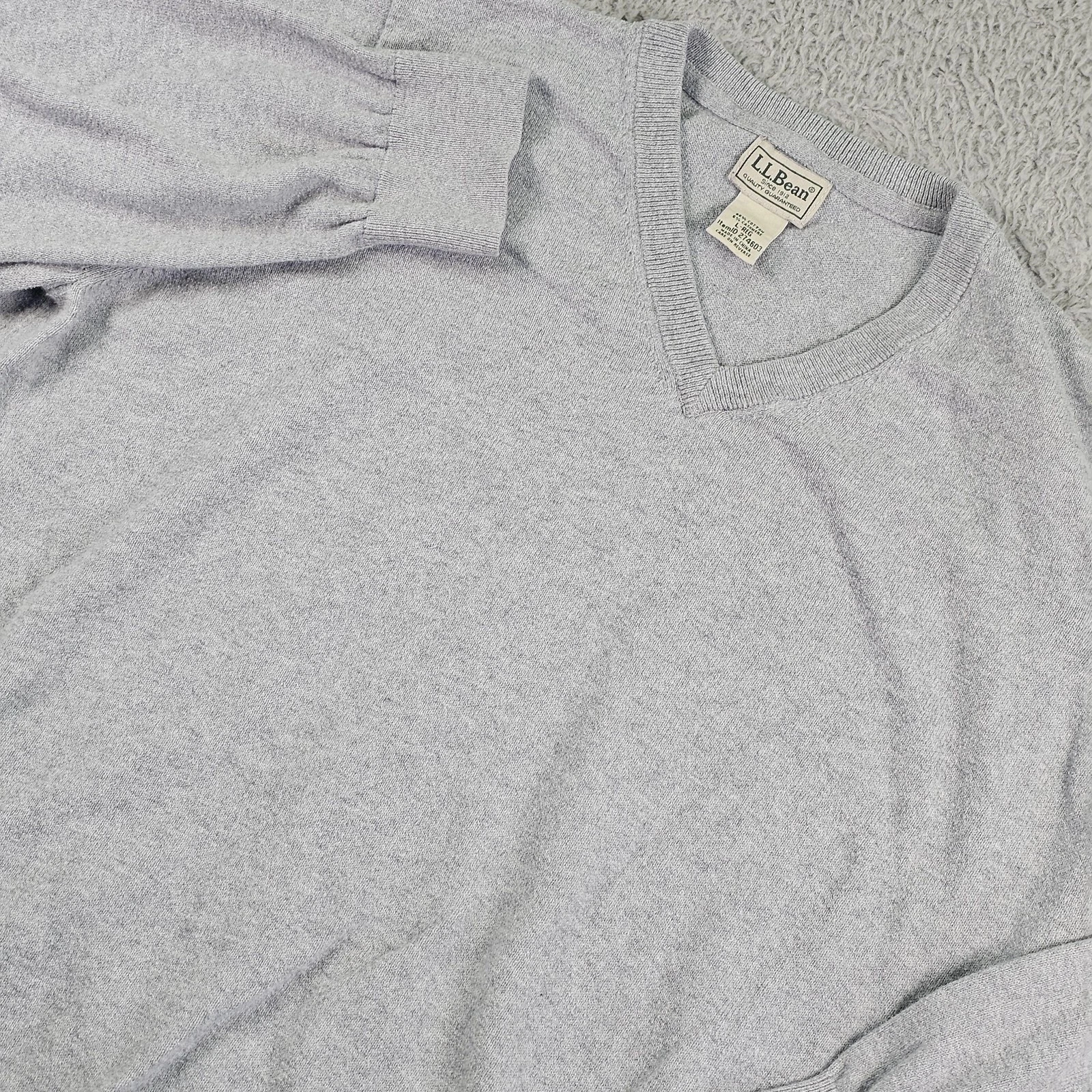 L.L.Bean Sweater Mens Large Gray Cotton Cashmere V Neck Knit Pullover Soft