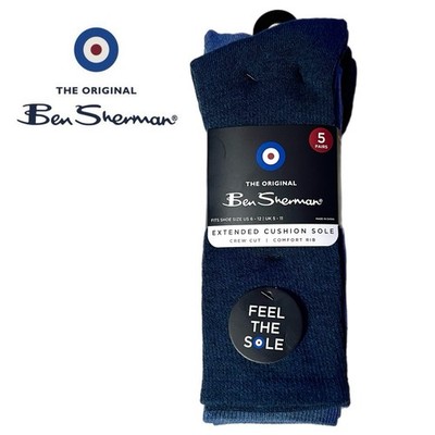 Ben Sherman Men s 5 Pairs Blue & Tan Extended Cushion Crew Cut Size 6-12 New