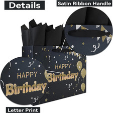 13 Large Black Happy Birthday Gift Bag Set with Handles, Greeting Card, Tiss...