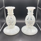 FENTON ART GLASS FRENCH OPALESCENT COIN DOT CANDLESTICKS SET OF TWO