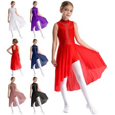 Kids Girls Dresses Side Split Dancewear Patchwork Dance Dress Rhinestone Flowy