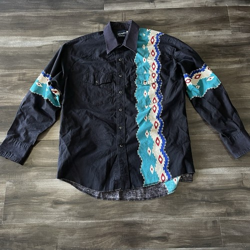 Vintage Wranglers Western Shirt Men Size XL Aztec Black Pearl Snap