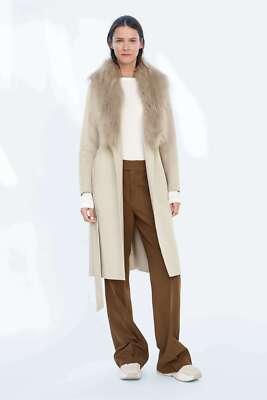 New ZARA Wool Sand Beige Hand Made Coat with Faux Fur Collar Tie