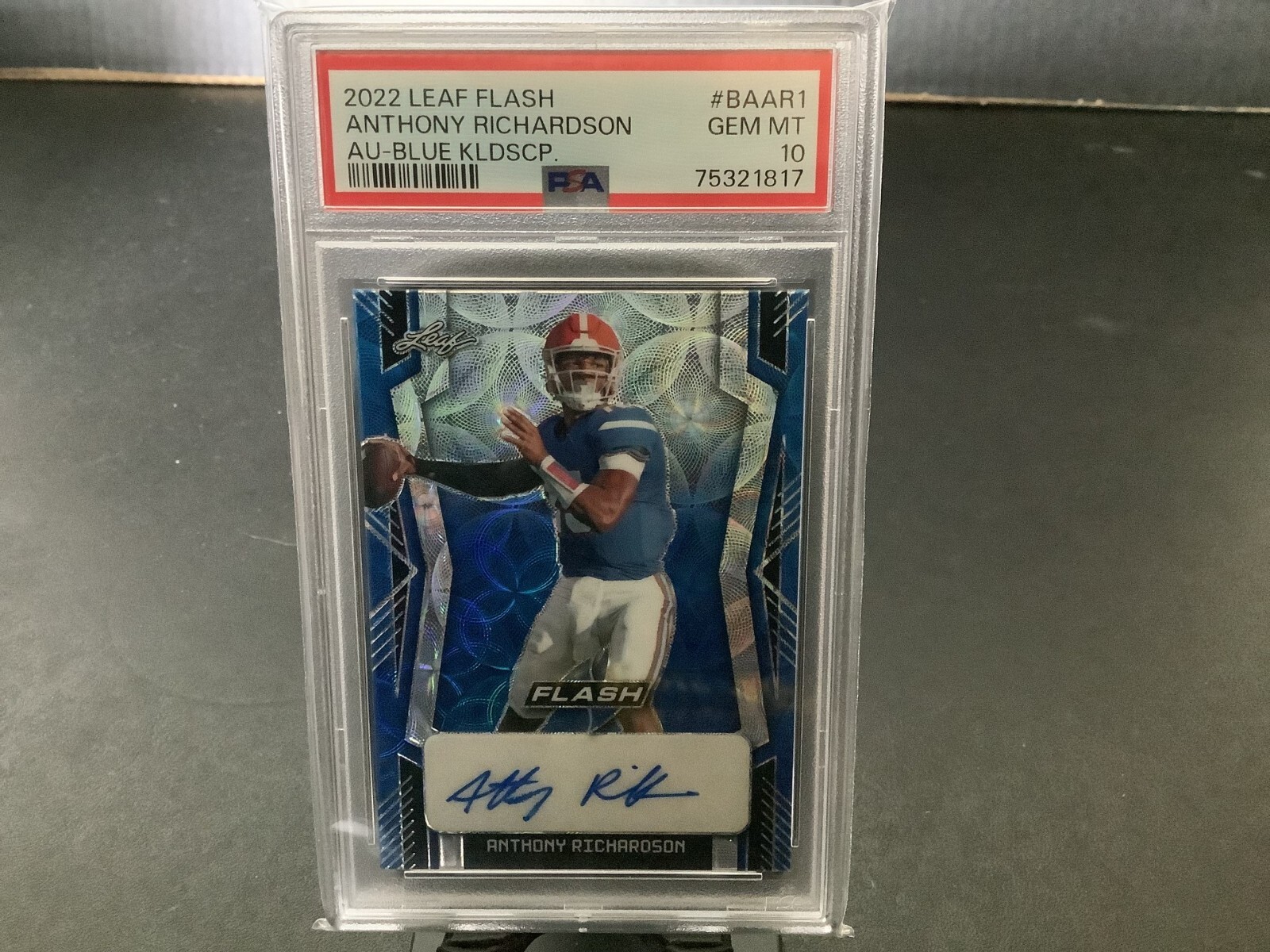 2022 Leaf Flash #BAAR1 Anthony Richardson Auto Blue Kldscp. 11/20 PSA 10