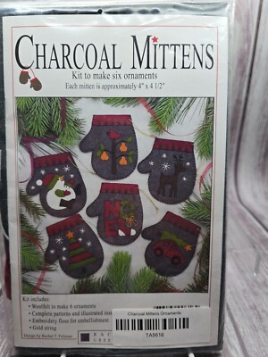 Rachel's Of Greenfield Felt Ornament Kit 4.5''X4'' 6/Pkg-Charcoal Mittens