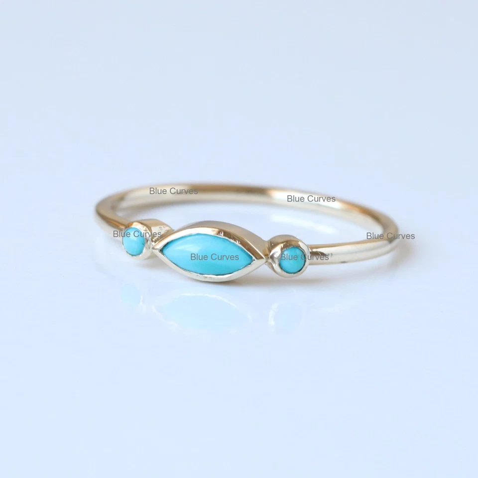 14k Solid Yellow Gold Marquise Turquoise Gemstone 3 Stone Band Ring Jewelry - Image 3 of 4