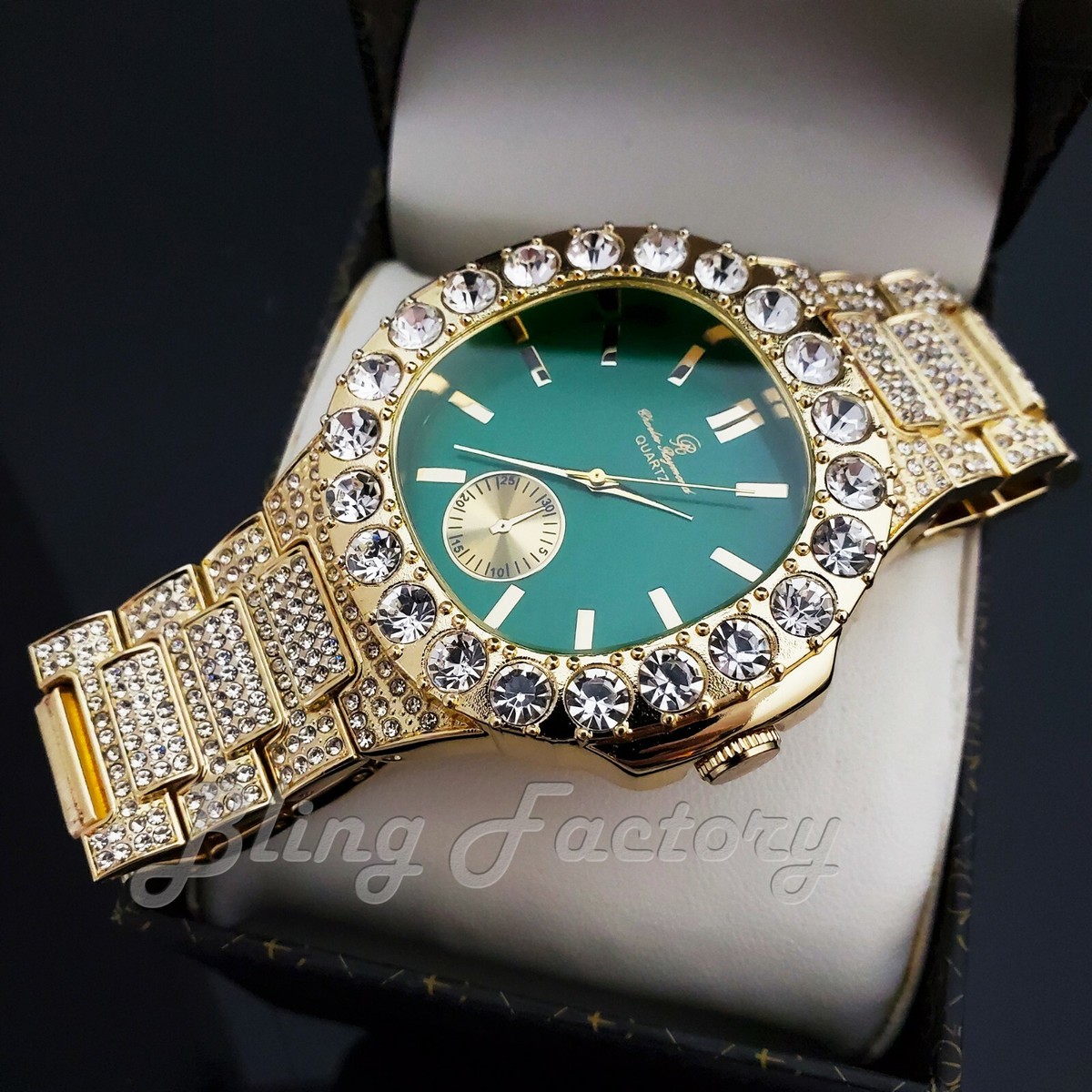 Men's Iced Luxury Green Dial Bling Gold finished Big Lab Diamond