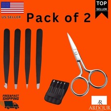 Black Tweezers Set 4-Piece  Nose Hair Scissors Eyebrows Stainless Steel