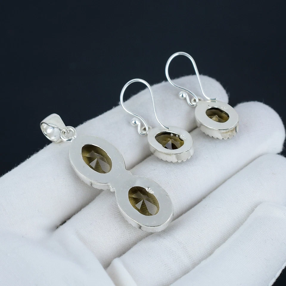 Juego de pendientes y colgantes de plata de ley 925 con piedras preciosas de topacio ahumado para regalos de amor Foto 4 de 4