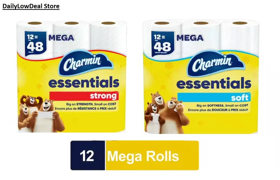 Charmin Essentials STRONG OR SOFT Toilet Paper CHOOSE 12 ROLL OR 24 MEGA ROLLS