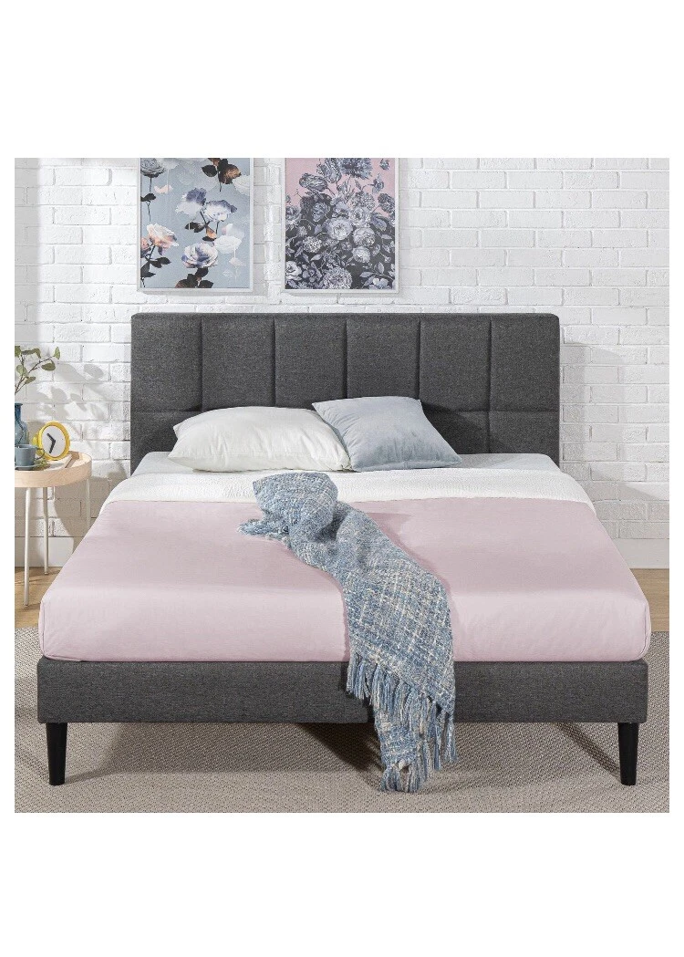 Zinus Grey Lottie Upholstered Square Stitched Platform Bed. Queen
