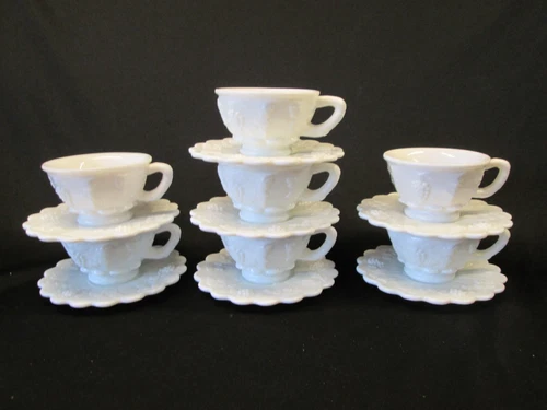 Set 7 Westmoreland Glass Panel Harvest Grape Milk White Coffee CUPS & SAUCERS