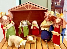 VTG Felt Nativity Set w/ Cardboard Manger 7 Felt Figures Christmas Holiday