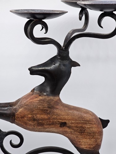 Pier One Rustic Primitive Deer Wrought Iron & Wood Candle Holder Christmas Cabin - Picture 9 of 13