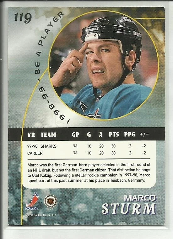 1998-99 In the Game Be A Player #119 Marco Sturm San Jose Sharks - Image 2 of 2