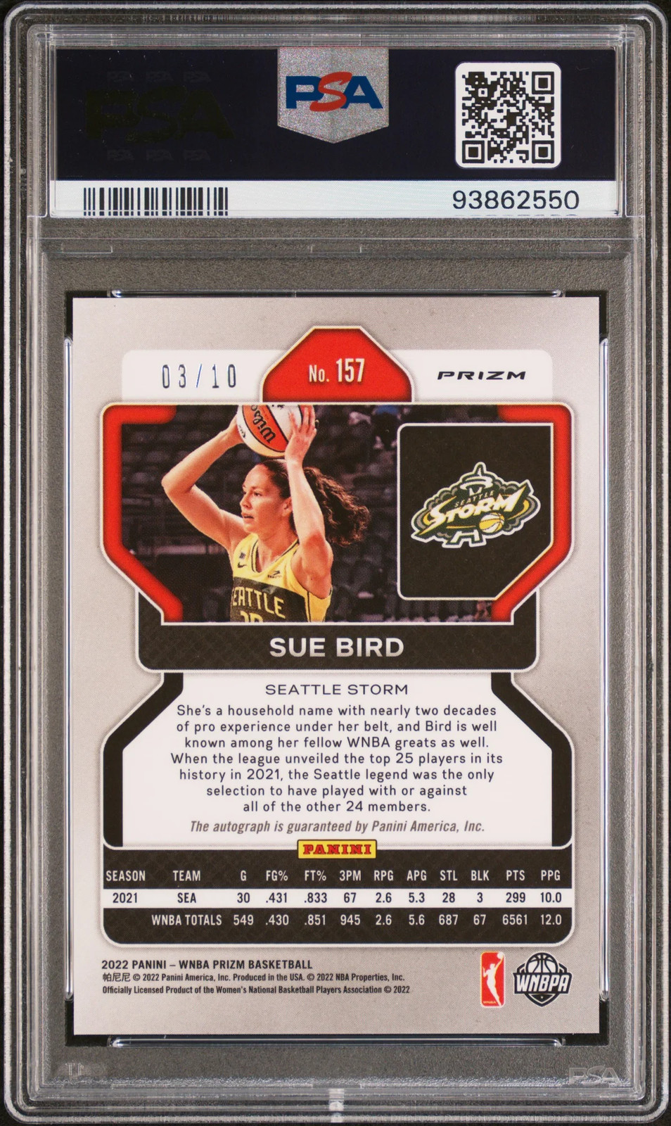 2022 Panini Prizm WNBA Sue Bird #157 Signatures Gold PSA 7 Auto /10 view 2