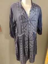 Abito Camicia Trasparente Ricamo Manica 3/4 Blu Johnny Was Tg Media Lunghezza Ginocchio 