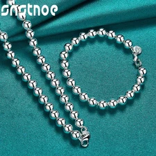 925 Sterling Silver Fashion 8mm Beads Chain Necklace Bracelets Jewelry Sets