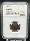 1905 Indian Head Cent NGC MS62 BN - NICE PURPLE AND BLUE TONING