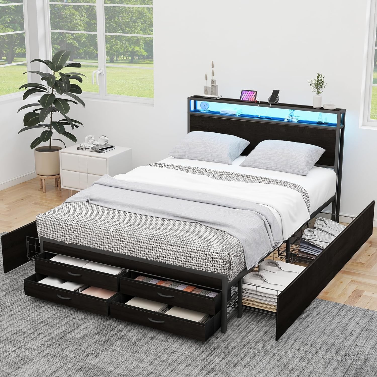 S With Headboard, Full Size Storage Bed Frame With 8 Drawers