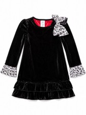 Peaches 'n Cream Girls Black Velvet Shift Dress 4 Long Sleeve Bow Ruffle