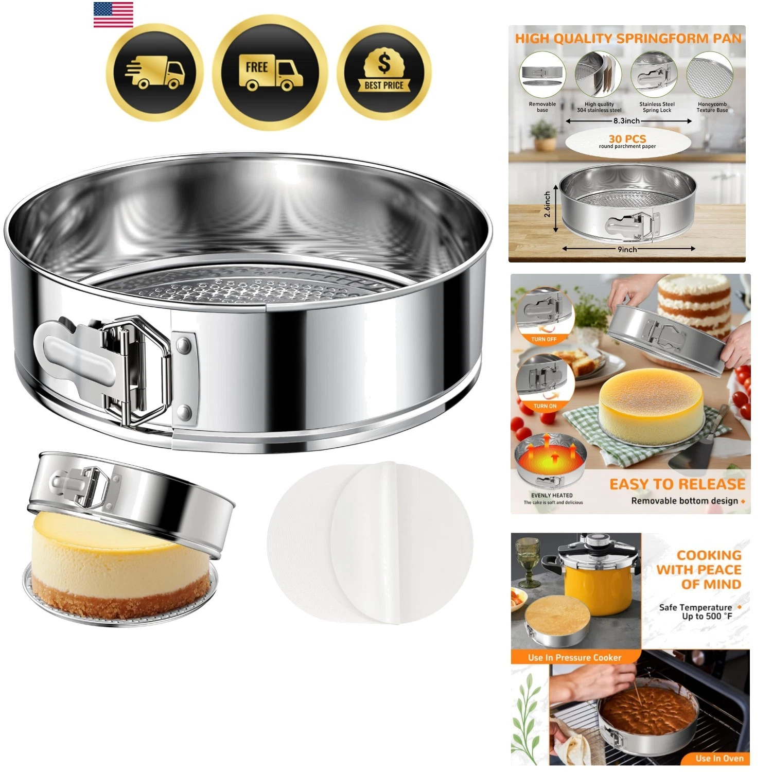 9 Inch 304 Stainless Steel Springform Pan with Removable Bottom, Nonstick Rou...