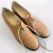 New Salvatore Ferragamo Women's 7 Tan Leather Classic Lace Up Shoes Two Texture