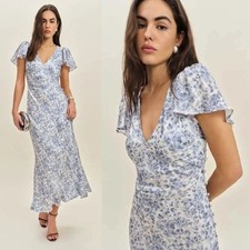Reformation Vida Dress Chloe Blue Floral Satin Flutter Sleeve Maxi Size 0