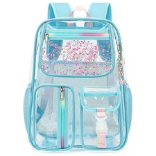 Sky Blue Clear Backpack for Girls Women Heavy Duty See Through School Bookbag