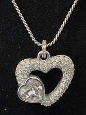 SWAROVSKI Brand Crystal Pave  Open Heart Pendant Necklace Swan Logo Silver Tone
