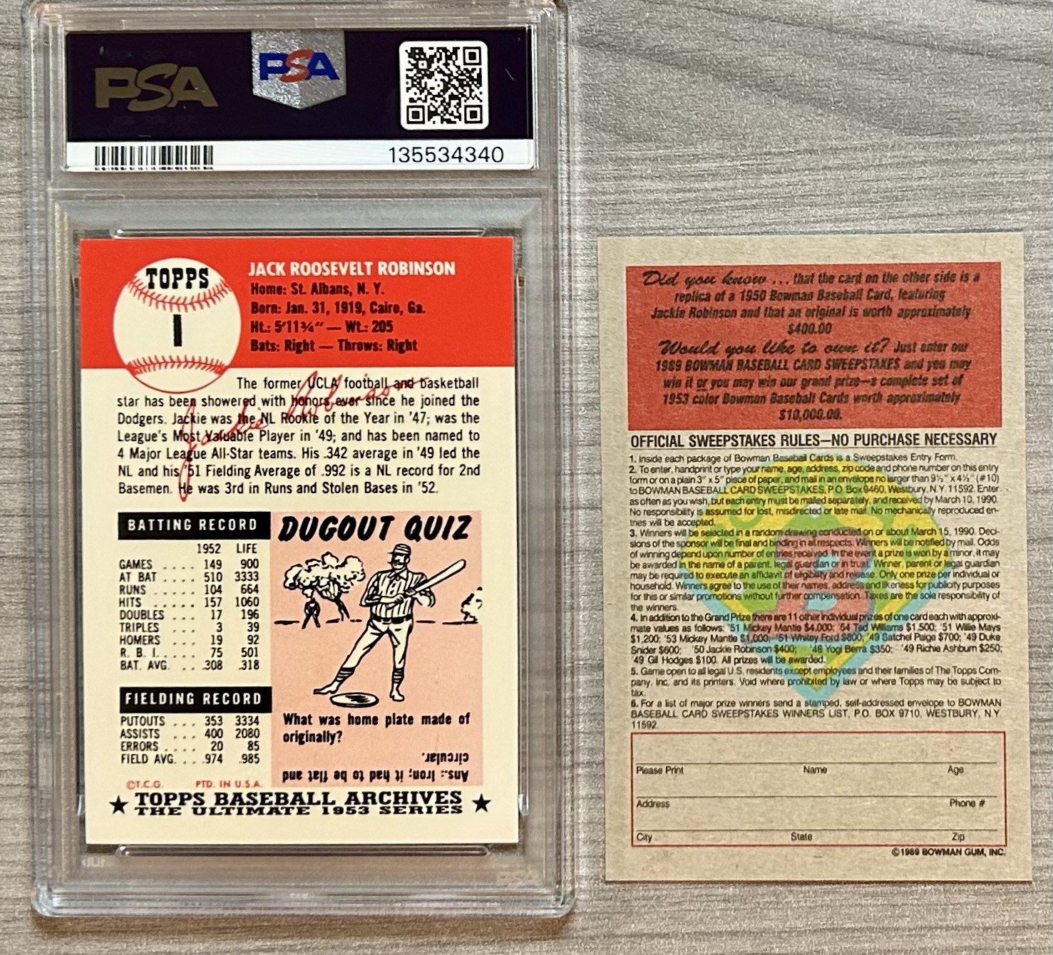 1991 Topps Archives The Ultimate 1953 Jackie Robinson #1 PSA 8 + Bonus Insert view 2
