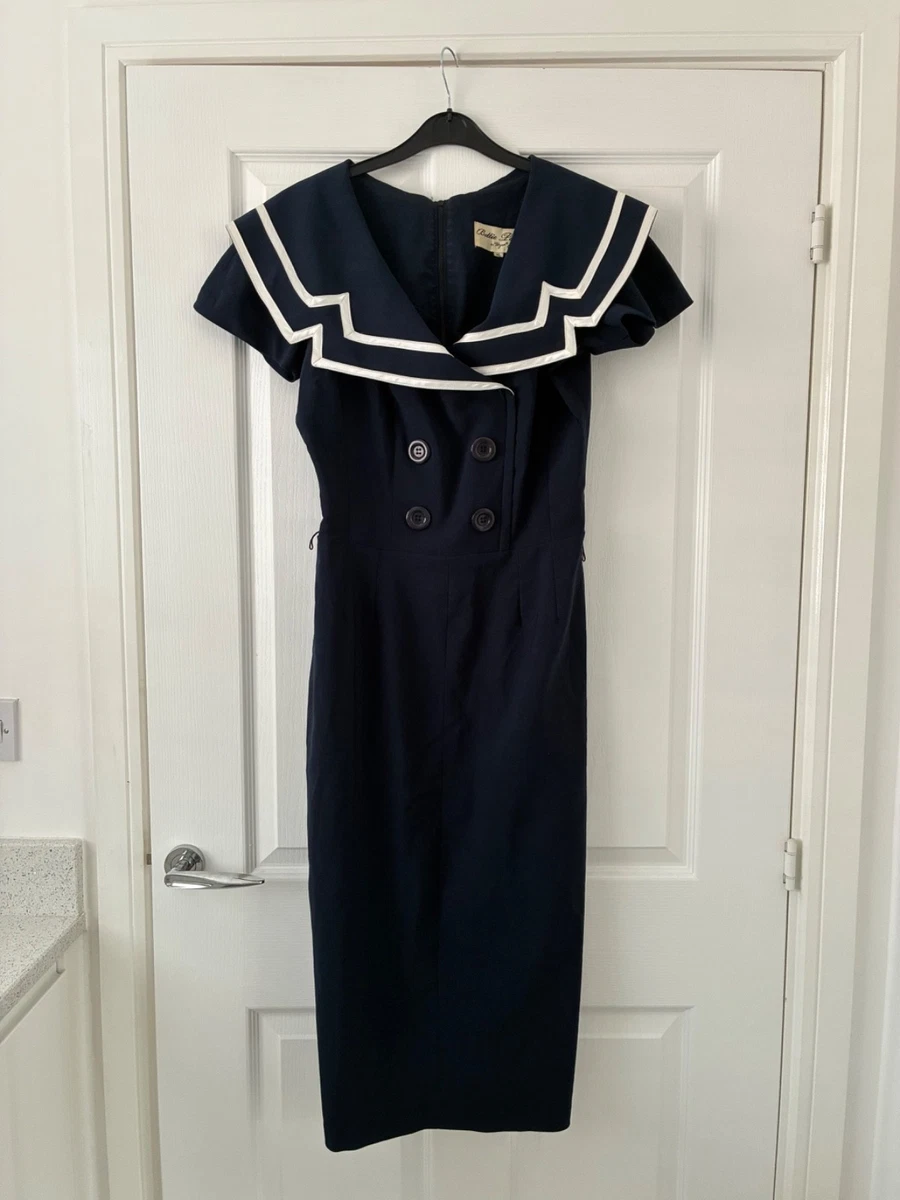 bettie page captain navy blue wiggle dress Bettie Page Pinup Polka-dot Navy Blue Dress