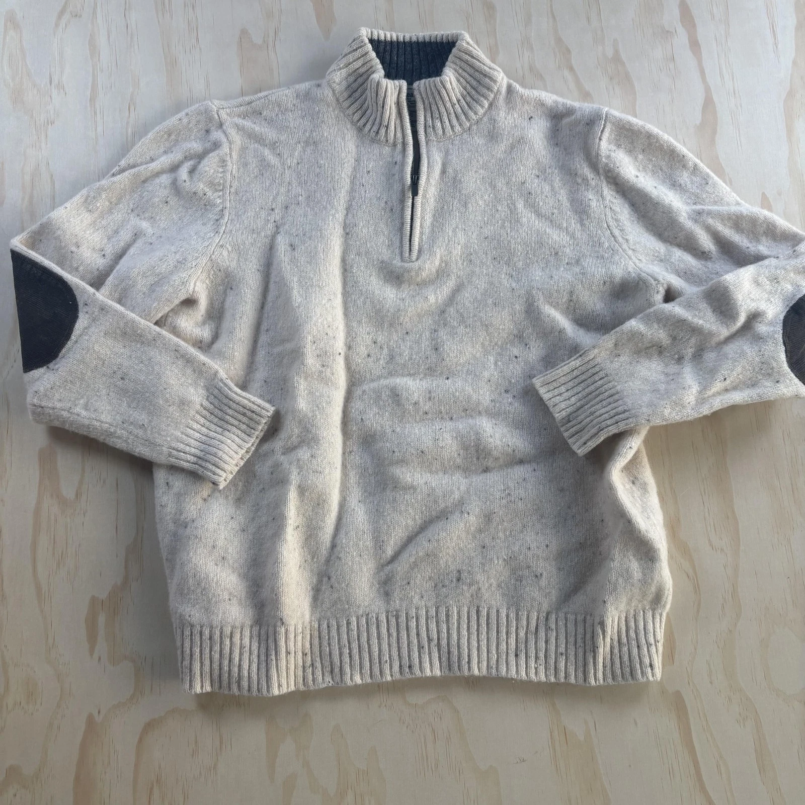 L.L. Bean Sweater Mens XL White 1/4 Zip Mock Neck Wool Elbow Patch Knit Pullover