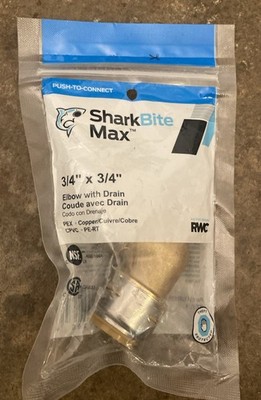 SharkBite Max 3/4  By 3/4  90 Degree Elbow with Drain Vent, Push in., Brass
