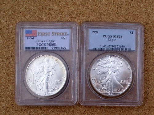 LOT OF 2 MS68, AMERICAN SILVER EAGLES .999 FINE, 1 OZ EACH, TOTAL 2 OZ, DIFF YRS
